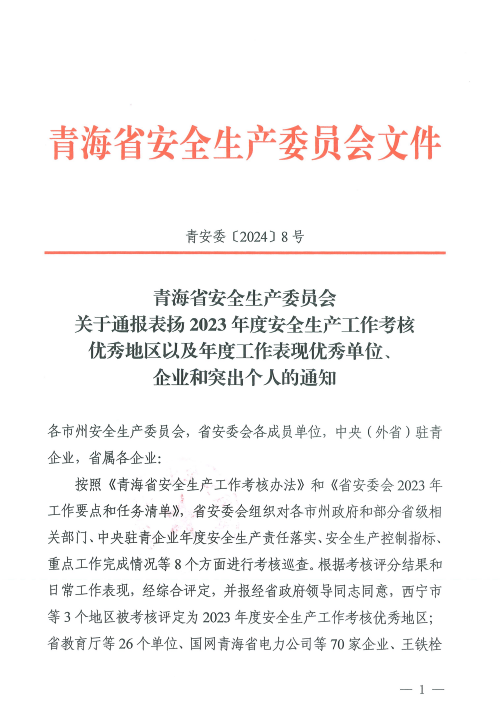 喜報！2023年度安全生產(chǎn)工作優(yōu)秀企業(yè)和突出個人名單揭曉！